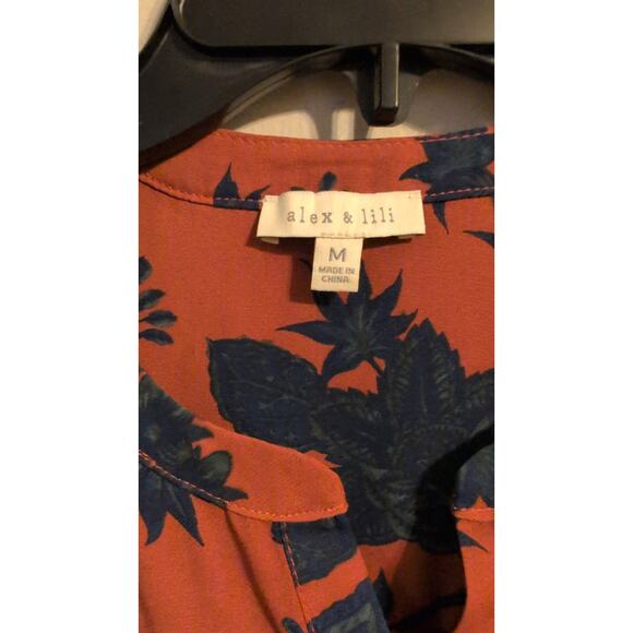 Alex & Lili Orange & Blue Floral/Leaf Print Long-Sleeve Blouse Size M - Picture 3 of 4